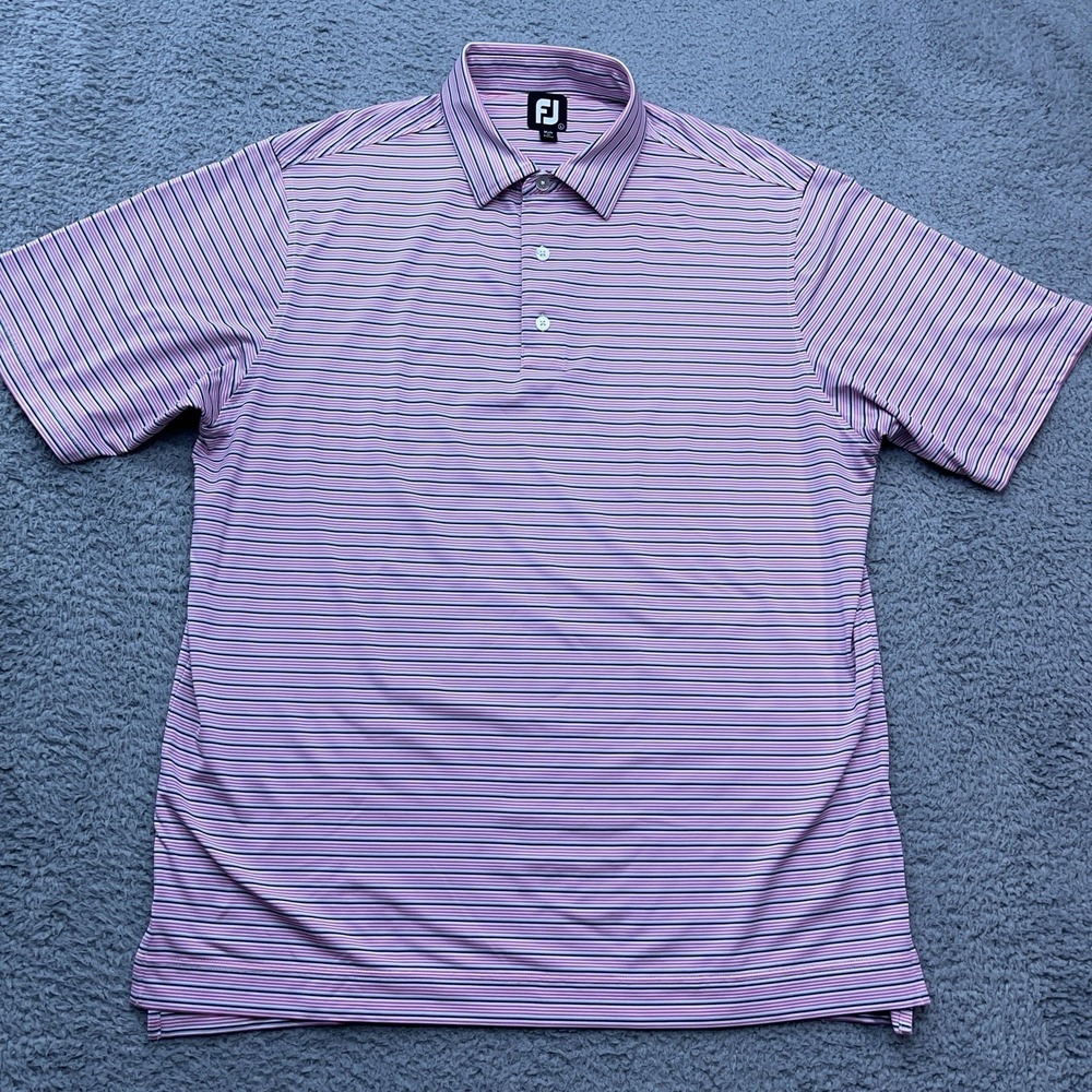 FootJoy Peformance Polo Mens Large‎ Stretch Golf Shirt Pink w/ Blue Stripes